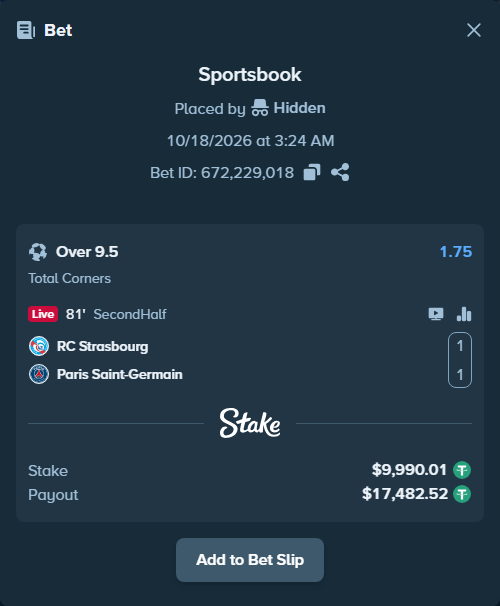 Bet slip: Strasbourg - Paris Saint Germain, $10,000.00 stake at 1.75 odds, placed by Agus1033