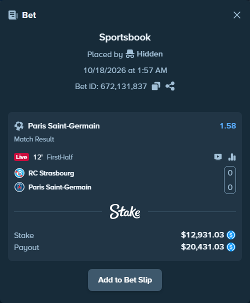 Bet slip: Strasbourg - Paris Saint Germain, $12,931.03 stake at 1.58 odds, placed by olavandr