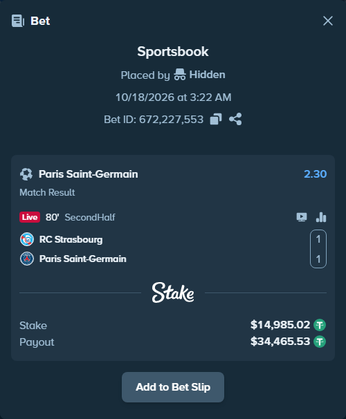 Bet slip: Strasbourg - Paris Saint Germain, $15,000.00 stake at 2.30 odds, placed by ArdianHertica