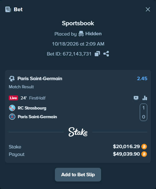 Bet slip: Strasbourg - Paris Saint Germain, $19,975.67 stake at 2.45 odds, placed by Syversi