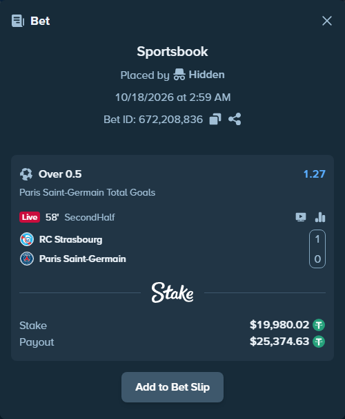 Bet slip: Strasbourg - Paris Saint Germain, $20,000.00 stake at 1.27 odds, placed by Hidden