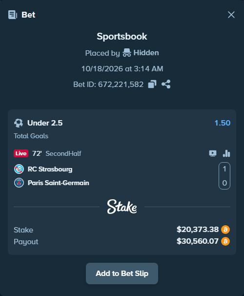 Bet slip: Strasbourg - Paris Saint Germain, $20,384.22 stake at 1.50 odds, placed by Hidden