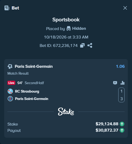 Bet slip: Strasbourg - Paris Saint Germain, $29,154.00 stake at 1.06 odds, placed by Hidden