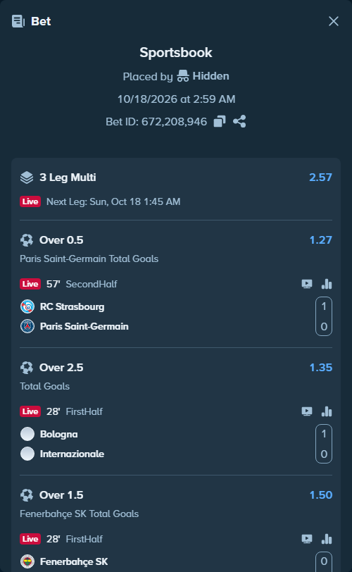 Bet slip: Strasbourg - Paris Saint Germain, $563,689.13 stake at 1.27 odds, placed by Hidden