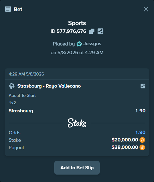 Bet slip: Strasbourg - Rayo Vallecano, $16,057.64 stake at 1.90 odds, placed by Jossgus