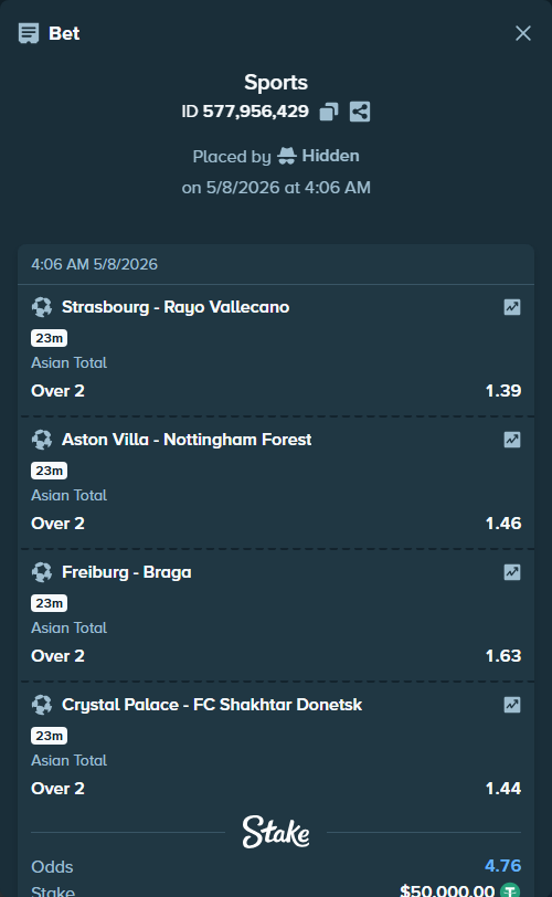 Bet slip: Strasbourg - Rayo Vallecano, $50,000.00 stake at 1.39 odds, placed by Hidden