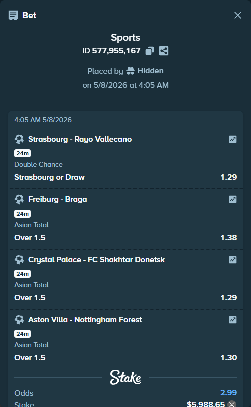 Bet slip: Strasbourg - Rayo Vallecano, $4,938.63 stake at 1.29 odds, placed by Hidden
