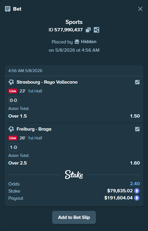 Bet slip: Strasbourg - Rayo Vallecano, $60,483.63 stake at 1.50 odds, placed by Hidden