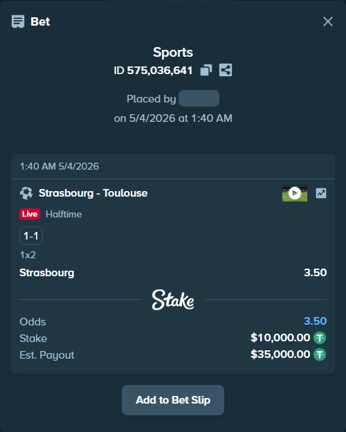 Bet slip: Strasbourg - Toulouse, $10,000.00 stake at 3.50 odds, placed by Alonzo1212