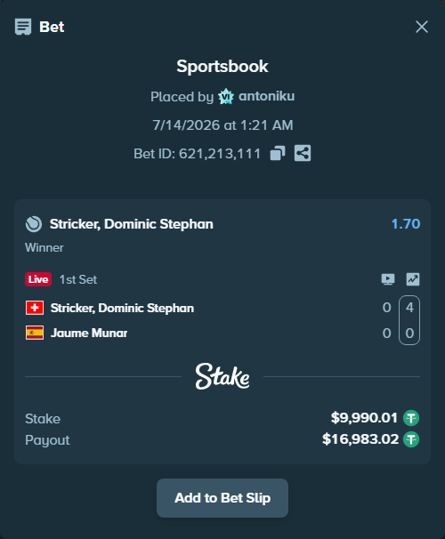 Bet slip: Stricker, Dominic - Jaume Munar, $10,000.00 stake at 1.70 odds, placed by antoniku