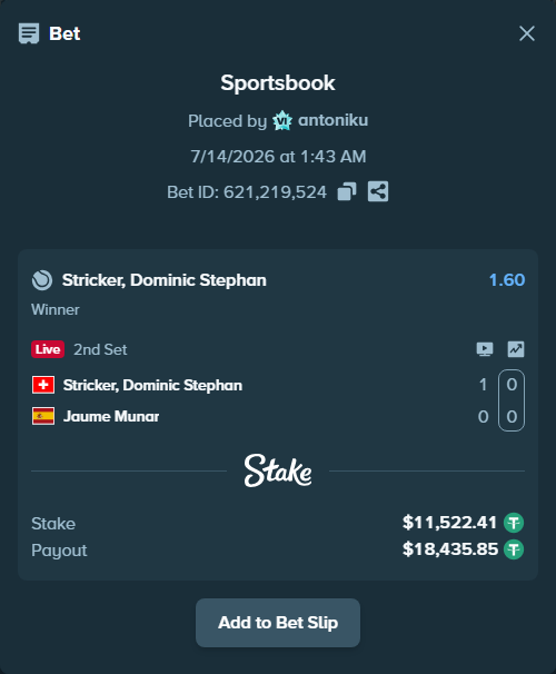 Bet slip: Stricker, Dominic - Jaume Munar, $11,533.93 stake at 1.60 odds, placed by antoniku