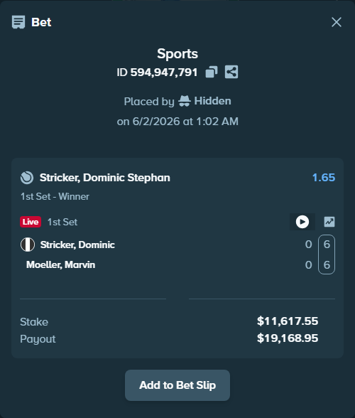Bet slip: Stricker, Dominic - Moeller, Marvin, $10,754.36 stake at 1.65 odds, placed by Prettylfacko98