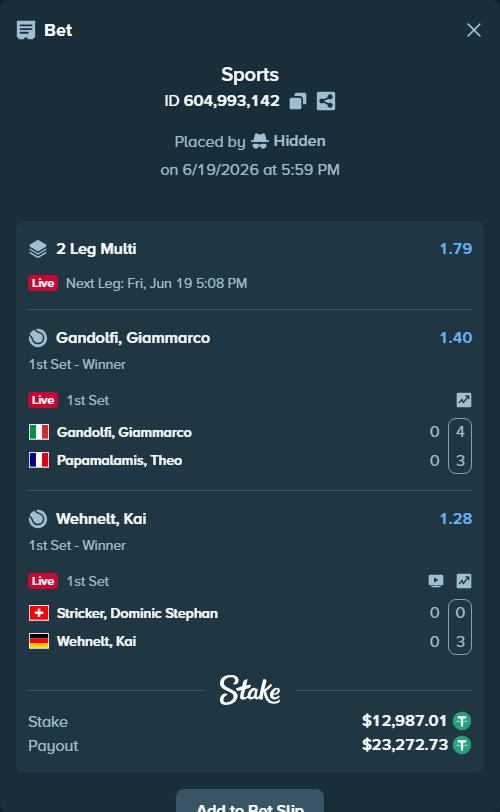 Bet slip: Stricker, Dominic - Wehnelt, Kai, $13,000.00 stake at 1.28 odds, placed by Hidden