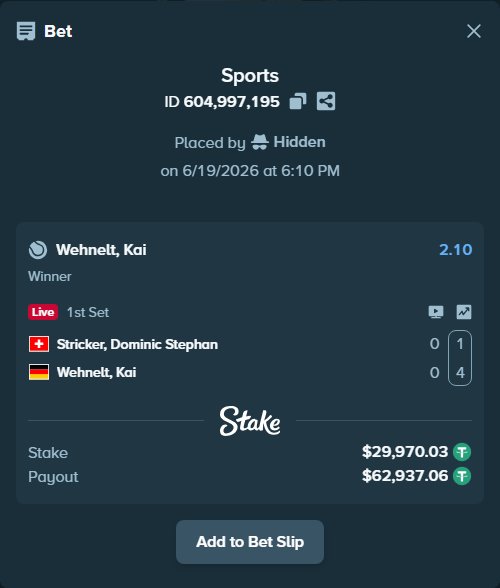 Bet slip: Stricker, Dominic - Wehnelt, Kai, $30,000.00 stake at 2.10 odds, placed by Hidden