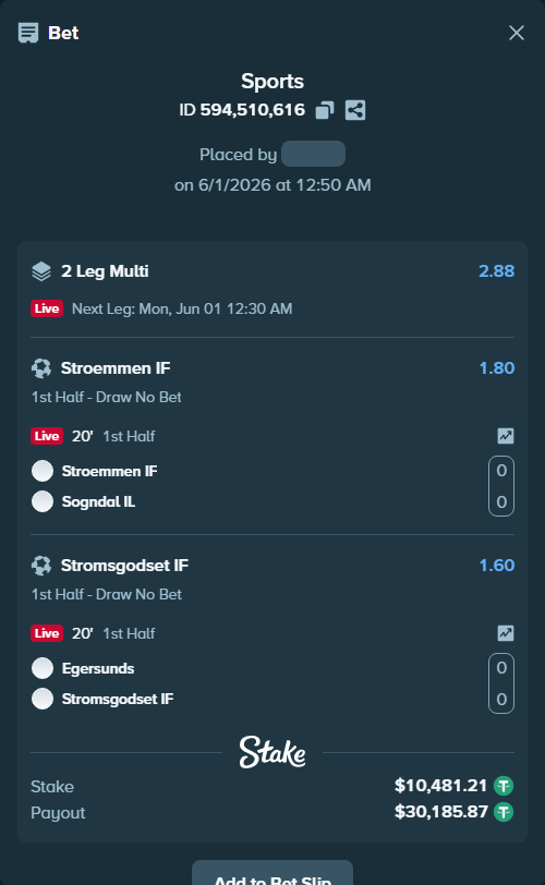 Bet slip: Stroemmen IF - Sogndal Fotball, $10,491.69 stake at 1.80 odds, placed by 이렇게까지재수가없다고
