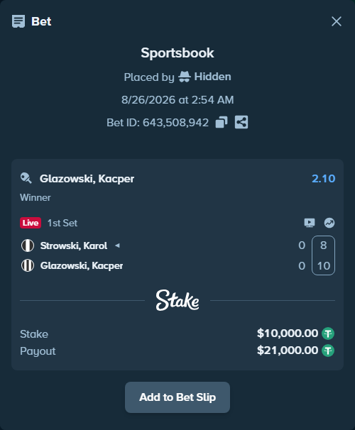 Bet slip: Strowski, Karol - Glazowski, Kacper, $10,000.00 stake at 2.10 odds, placed by Hidden