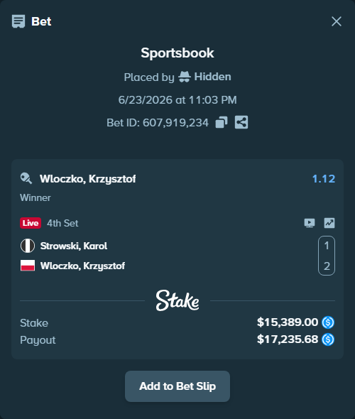 Bet slip: Strowski, Karol - Wloczko, Krzysztof, $15,389.00 stake at 1.12 odds, placed by Hidden