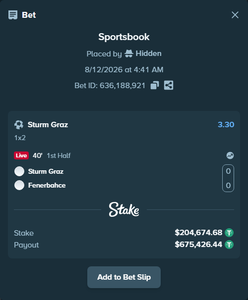 Bet slip: Sturm Graz - Fenerbahce Istanbul, $204,879.35 stake at 3.30 odds, placed by Hidden