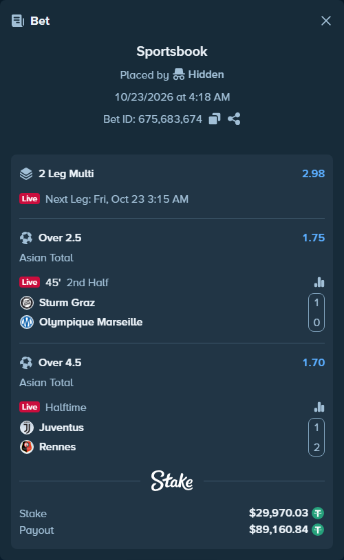Bet slip: Sturm Graz - Olympique Marseille, $30,000.00 stake at 1.75 odds, placed by tlwns4736