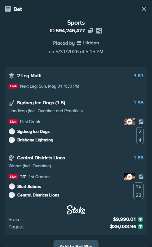 Bet slip: Sturt Sabres - Central Districts Lions, $10,000.00 stake at 1.85 odds, placed by Hidden