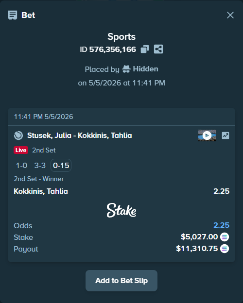 Bet slip: Stusek, Julia - Kokkinis, Tahlia, $4,320.45 stake at 2.25 odds, placed by Hidden