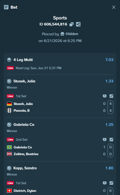 Bet slip: Stusek, Julia - Passola, B, $10,000.00 stake at 1.33 odds, placed by Hidden