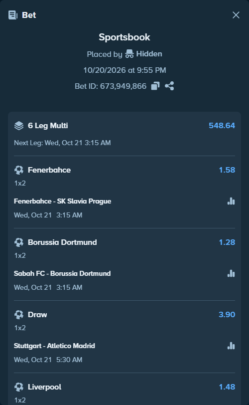 Bet slip: Stuttgart - Atletico Madrid, $10,000.00 stake at 3.90 odds, placed by Hidden