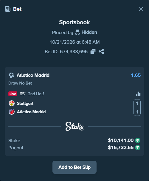 Bet slip: Stuttgart - Atletico Madrid, $10,151.14 stake at 1.65 odds, placed by Othmane2kiks