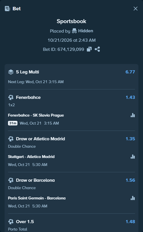 Bet slip: Stuttgart - Atletico Madrid, $130,130.00 stake at 1.35 odds, placed by Hidden