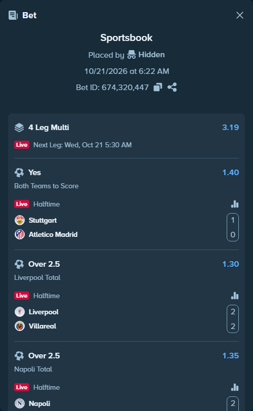 Bet slip: Stuttgart - Atletico Madrid, $500,500.00 stake at 1.40 odds, placed by Hidden