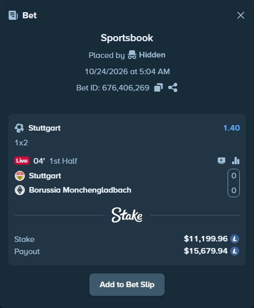Bet slip: Stuttgart - Borussia Monchengladbach, $10,880.63 stake at 1.40 odds, placed by Ing79J