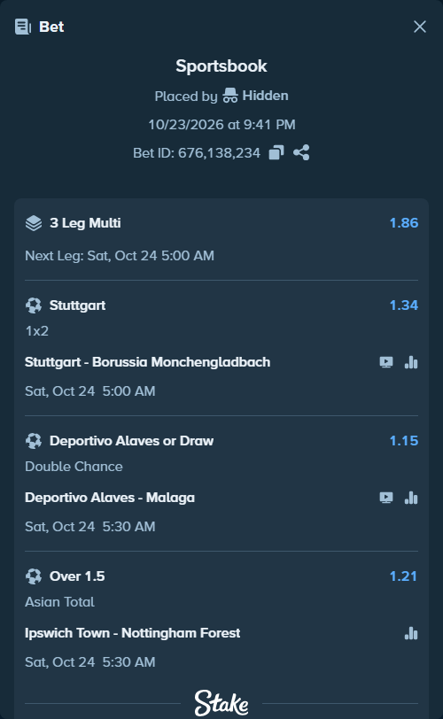 Bet slip: Stuttgart - Borussia Monchengladbach, $11,995.81 stake at 1.34 odds, placed by Hidden