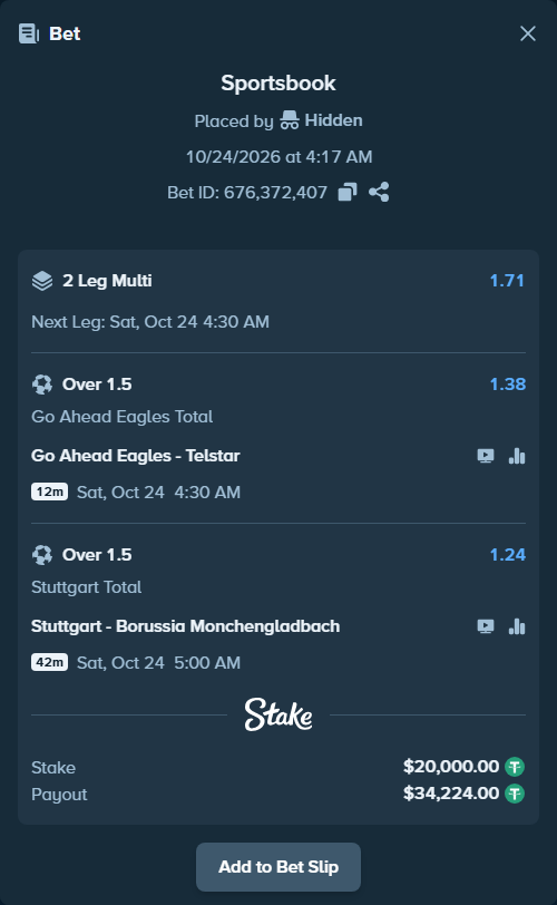 Bet slip: Stuttgart - Borussia Monchengladbach, $20,020.00 stake at 1.24 odds, placed by Hidden
