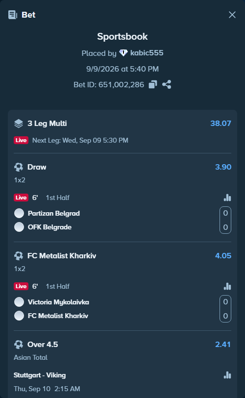 Bet slip: Stuttgart - Viking, $16,966.66 stake at 2.41 odds, placed by kabic555