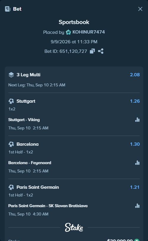 Bet slip: Stuttgart - Viking, $30,000.00 stake at 1.26 odds, placed by KOHINUR7474