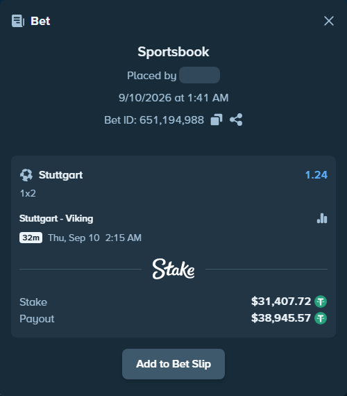 Bet slip: Stuttgart - Viking, $31,407.72 stake at 1.24 odds, placed by lven5