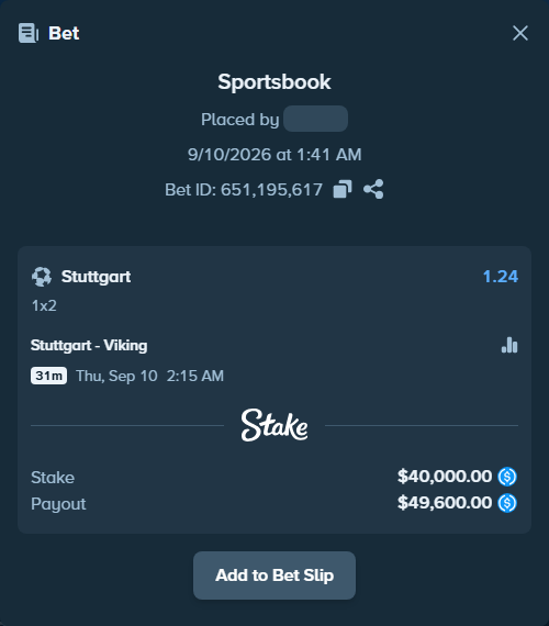 Bet slip: Stuttgart - Viking, $40,000.00 stake at 1.24 odds, placed by heima01