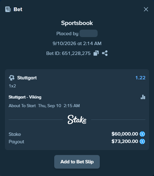 Bet slip: Stuttgart - Viking, $60,000.00 stake at 1.22 odds, placed by Hasse5