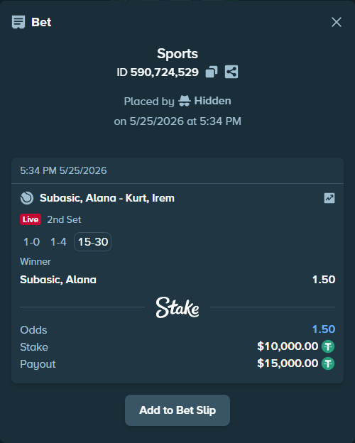 Bet slip: Subasic, Alana - Kurt, Irem, $10,000.00 stake at 1.50 odds, placed by Hidden