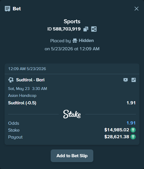 Bet slip: Sudtirol - Bari, $15,000.00 stake at 1.91 odds, placed by Hidden