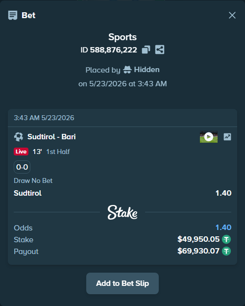 Bet slip: Sudtirol - Bari, $50,000.00 stake at 1.40 odds, placed by Hidden