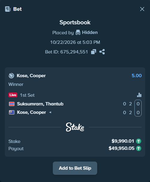 Bet slip: Suksumrarn, Thantub - Kose, Cooper, $10,000.00 stake at 5.00 odds, placed by Hidden