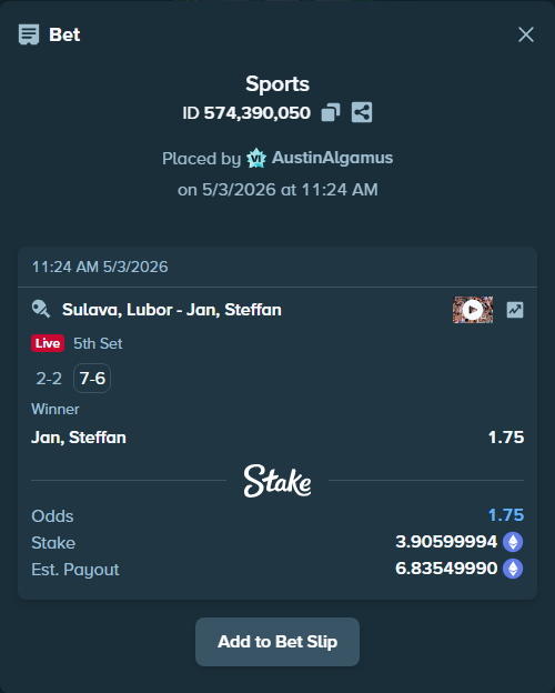 Bet slip: Sulava, Lubor - Steffan, Jan, $7,474.37 stake at 1.75 odds, placed by AustinAlgamus