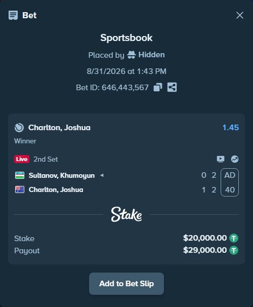 Bet slip: Sultanov, Khumoyun - Charlton, Joshua, $20,000.00 stake at 1.45 odds, placed by Hidden