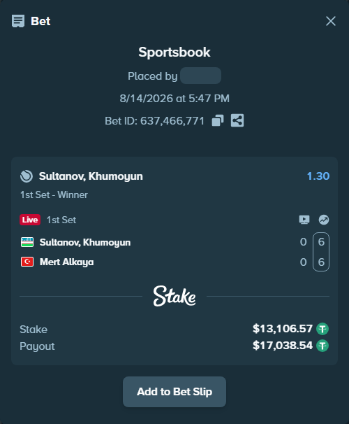 Bet slip: Sultanov, Khumoyun - Mert Alkaya, $13,119.68 stake at 1.30 odds, placed by ff520