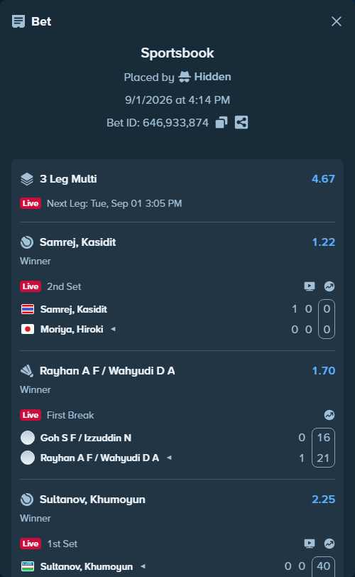 Bet slip: Sultanov, Khumoyun - Sergey Fomin, $10,000.00 stake at 2.25 odds, placed by Hidden