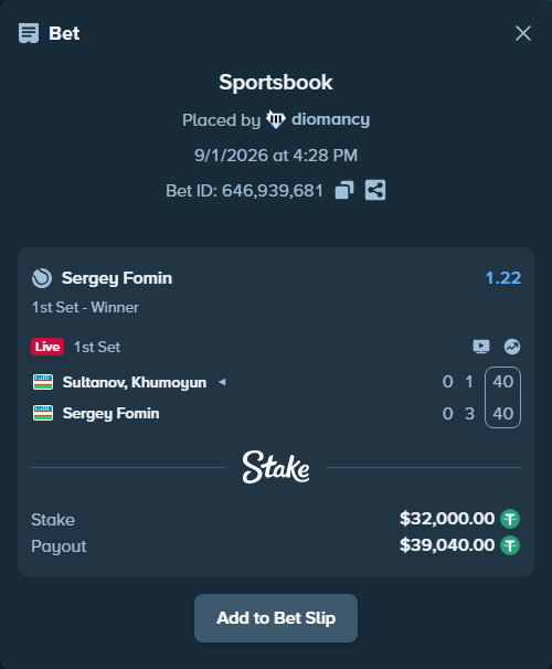 Bet slip: Sultanov, Khumoyun - Sergey Fomin, $32,000.00 stake at 1.22 odds, placed by diomancy