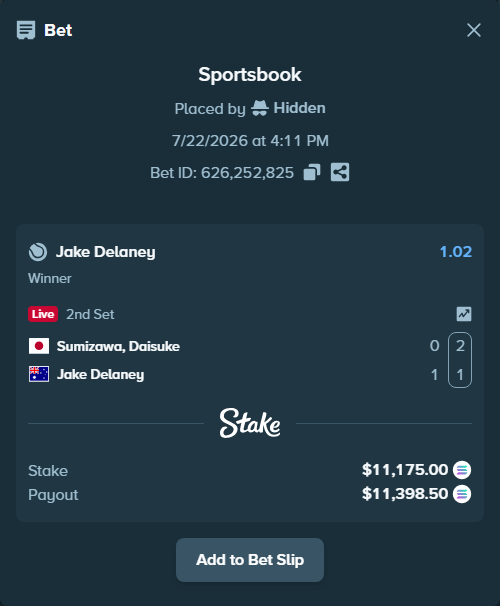 Bet slip: Sumizawa, Daisuke - Jake Delaney, $10,532.77 stake at 1.02 odds, placed by Hidden