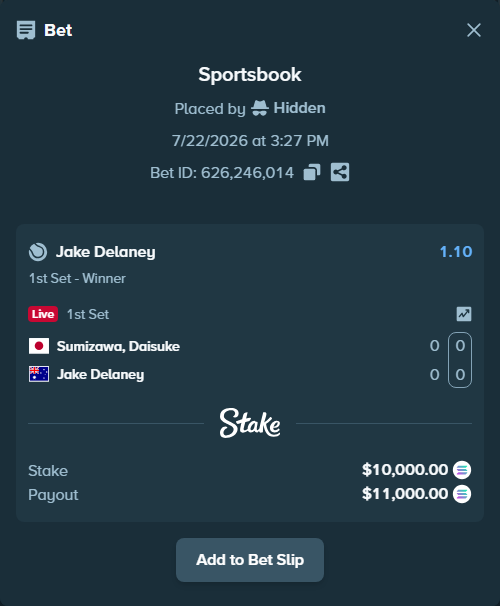 Bet slip: Sumizawa, Daisuke - Jake Delaney, $9,381.70 stake at 1.10 odds, placed by Hidden