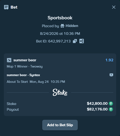 Bet slip: summer bear - Syntax, $42,800.00 stake at 1.92 odds, placed by Hidden